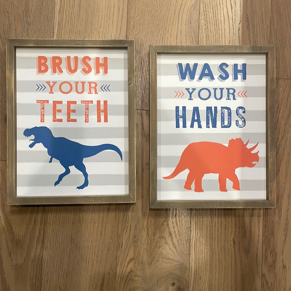 Kids bathroom wall decor dinosaur boys “wash your hands” & “brush your teeth”